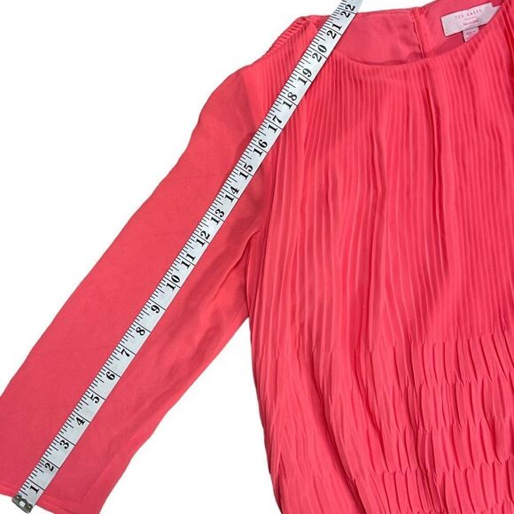 Ted Baker Women Gyda Blouse Sz 1 US 4 Neon Coral Pink Pleated Chiffon 3/4 Sleeve - Picture 12 of 16